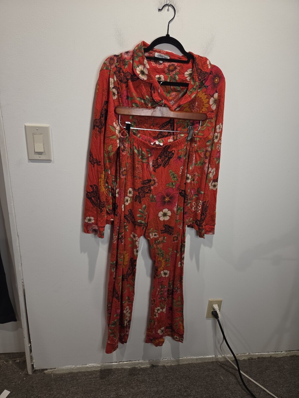 Johnny Was Size M Boho Whimsical Red Floral/bunny Print Pj Set